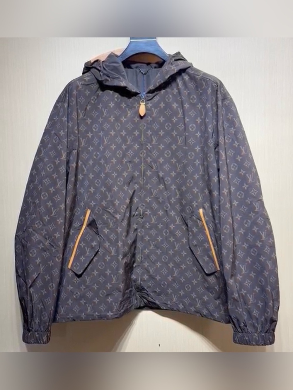 Louis Vuitton Black Monogram Hooded Windbreaker with Tan Trim